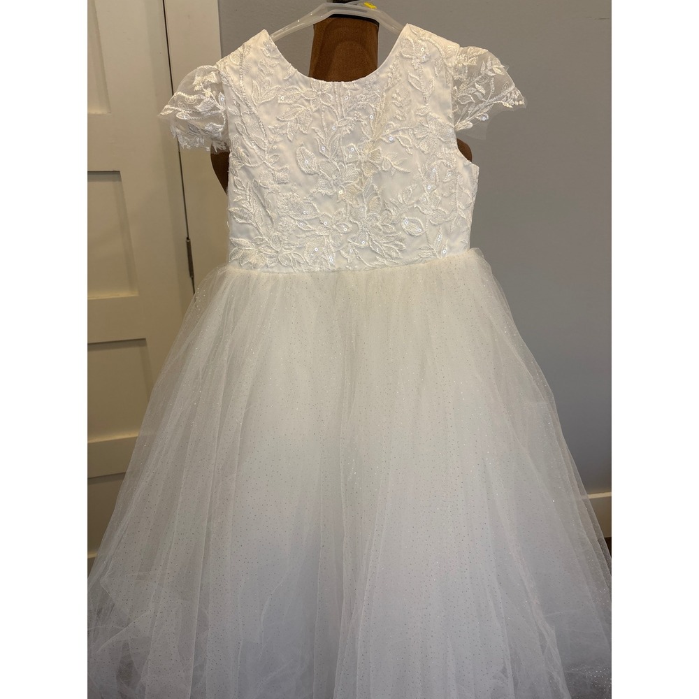 LAVETIR Lace Sequin Flower Girl Dress White Tulle Glitter Gown Satin Bow Size 8